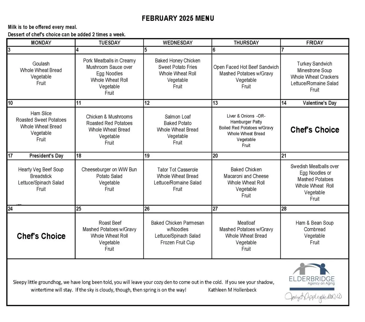 February 2025 menu with meal options listed.