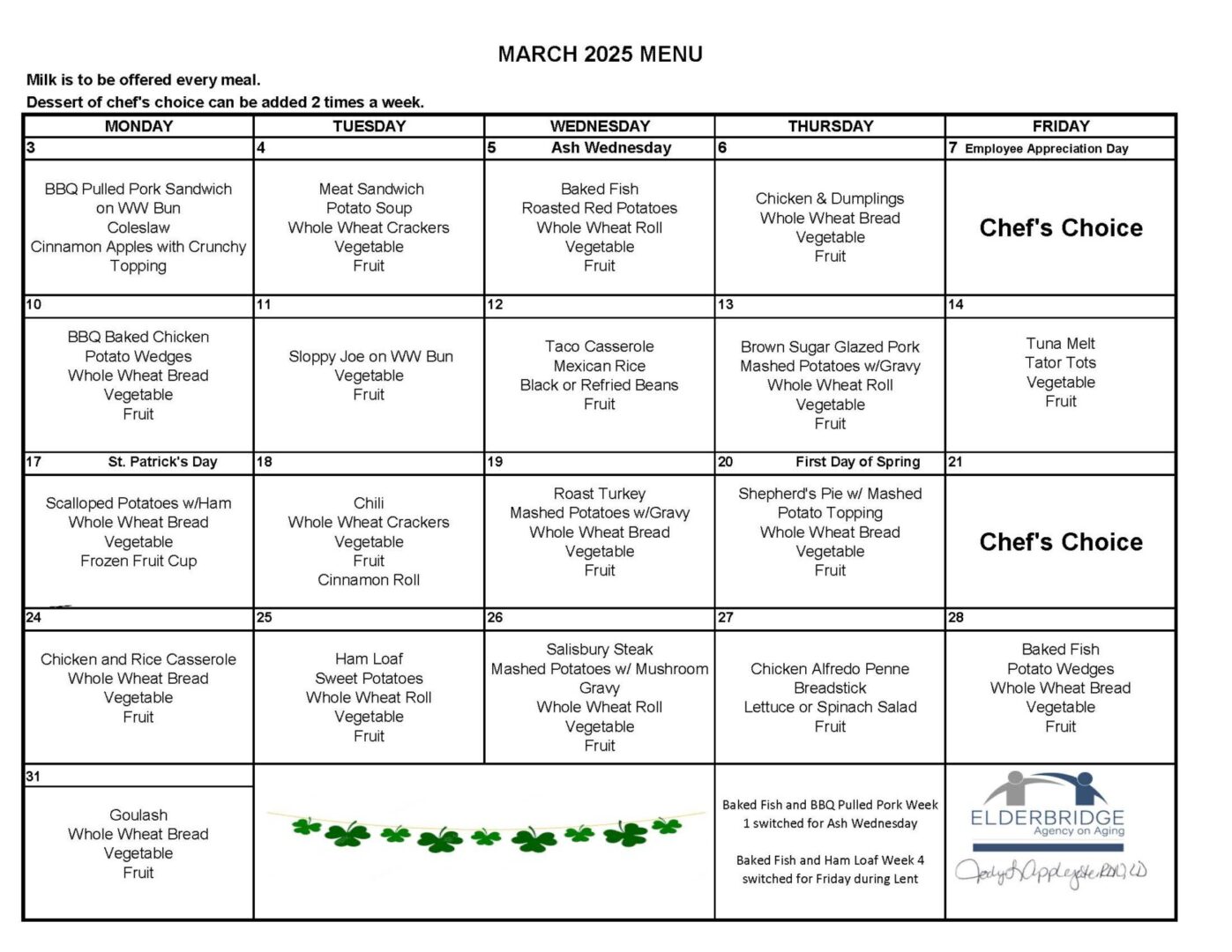 March 2025 meal plan and schedule.