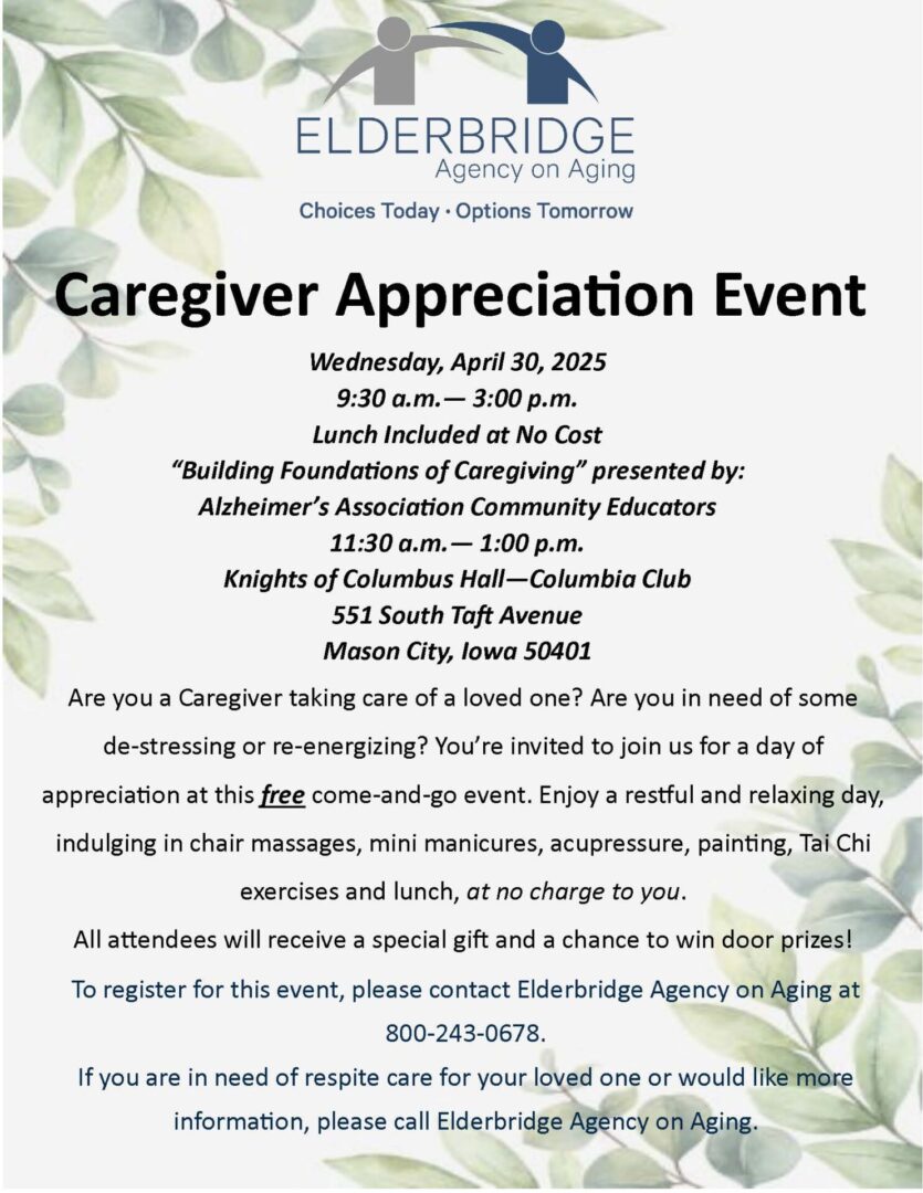 Caregiver Appreciation Event flyer details.