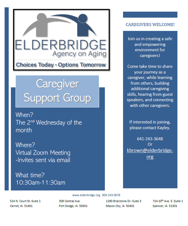 Caregiver support group flyer with details.